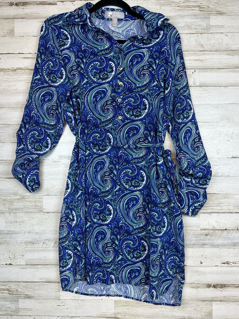 Tina Stephens Dress Womens Small Blue Paisley Belted Roll Tab Sleeves Pockets